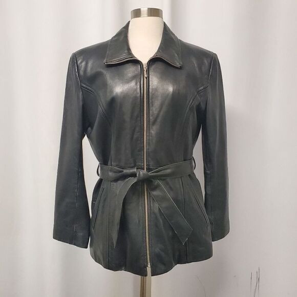 Wilson's Black Leather Mid Length Belted Insulated Coat Jacket Size Woman's Md - Picture 1 of 9